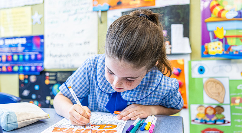 Student colouring in the classroom at St Andrews Primary School Marayong